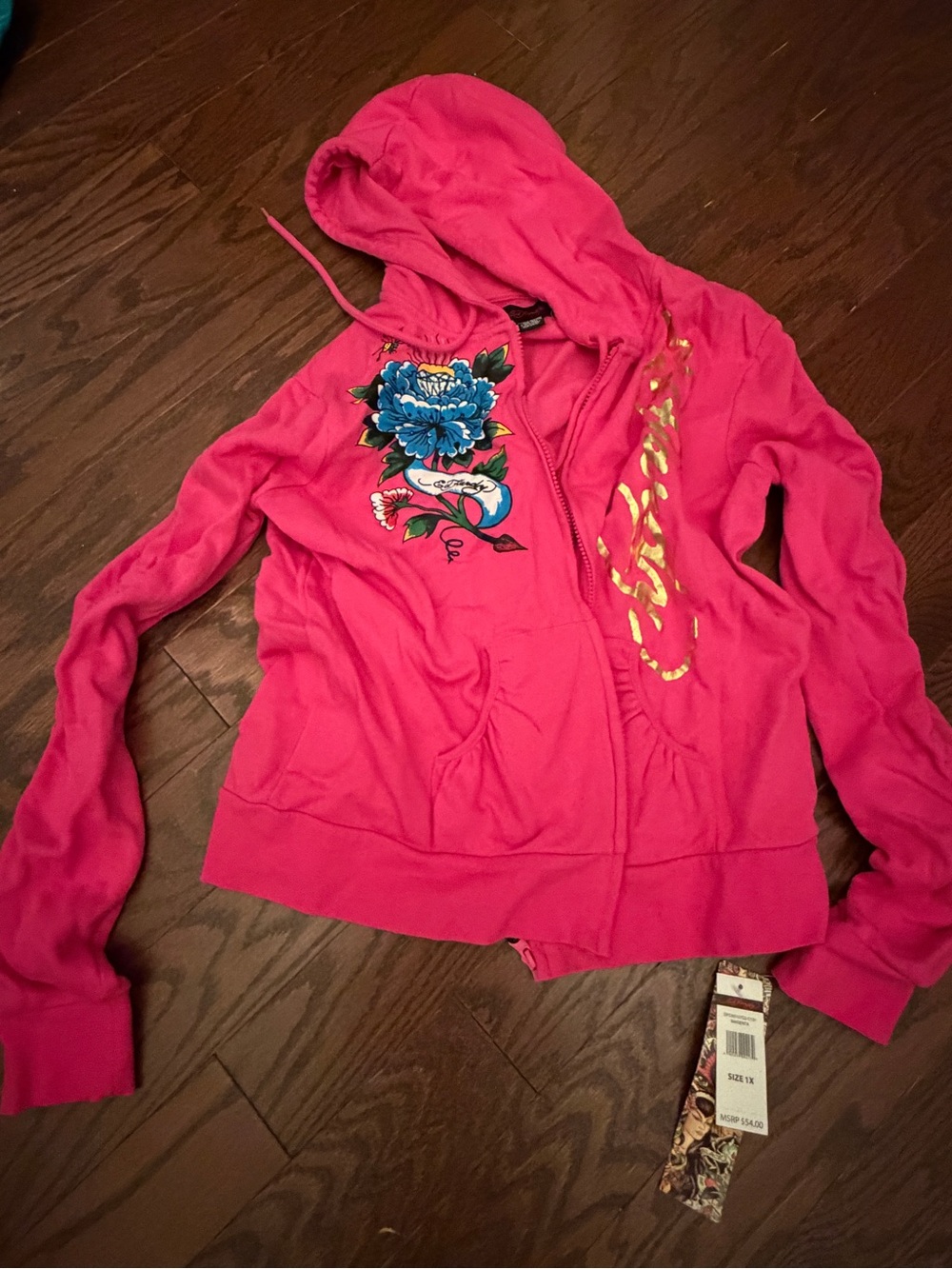 Ed Hardy Hot Pink Floral Embroidered Zip Bomber Jacket